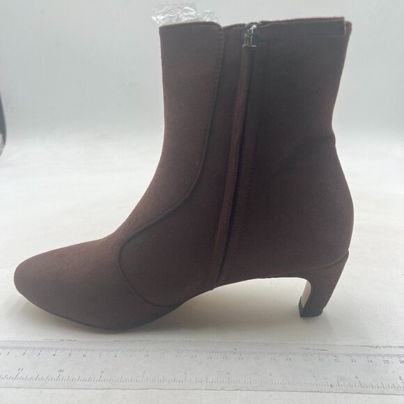 Brown Low Kitten Heel Ankle Boots Closed Toe Side Zipper Office Party Shoes - Picture 1 of 7